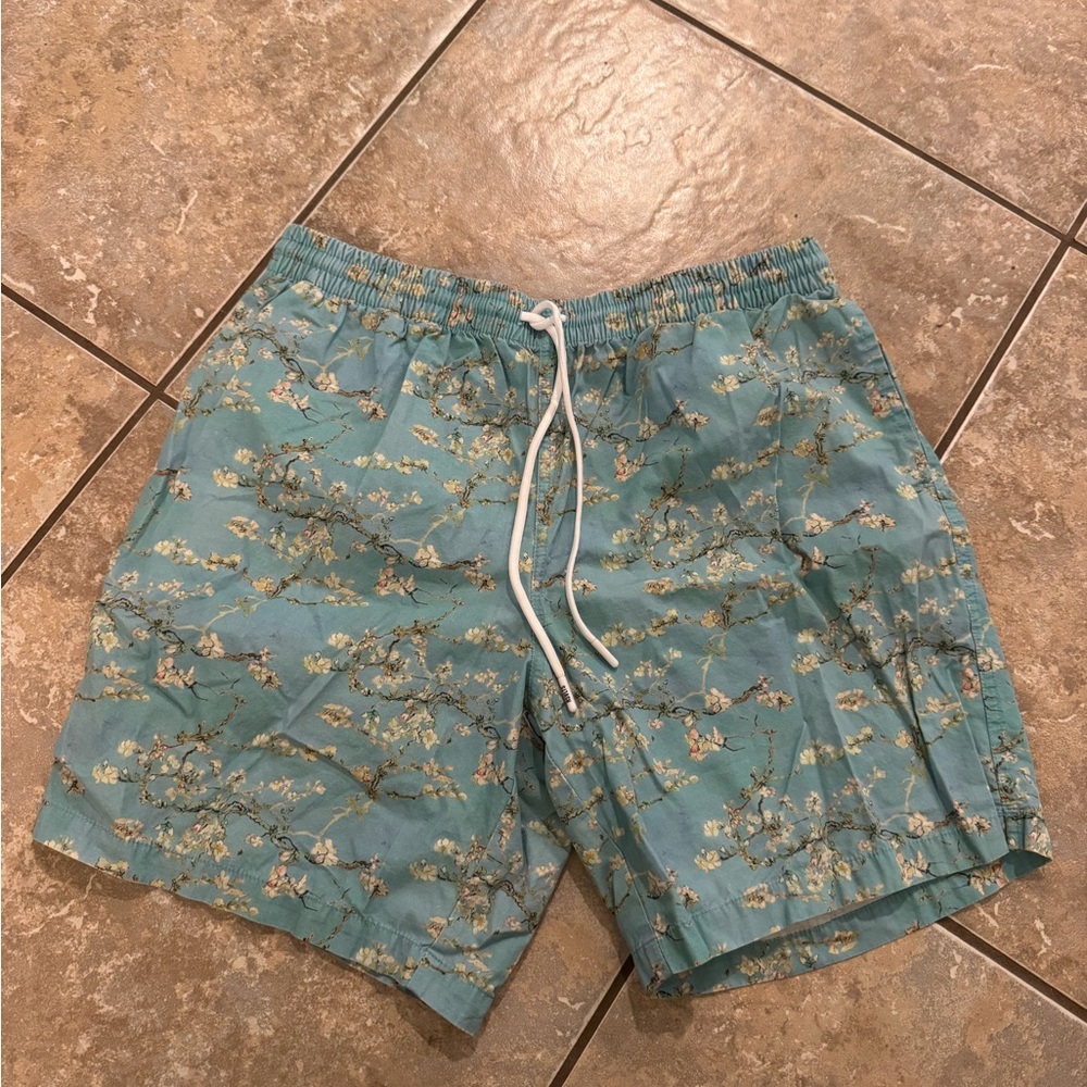 RSVLTS Van Gogh Almond Branches Light Teal Floral Swim Shorts